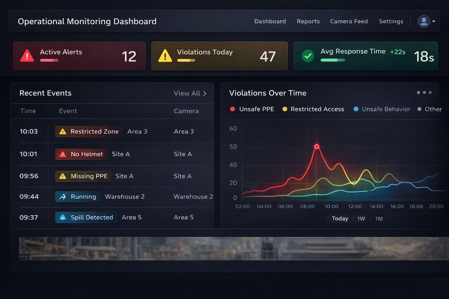 Operational monitoring dashboard showing alerts, violations, and events over time