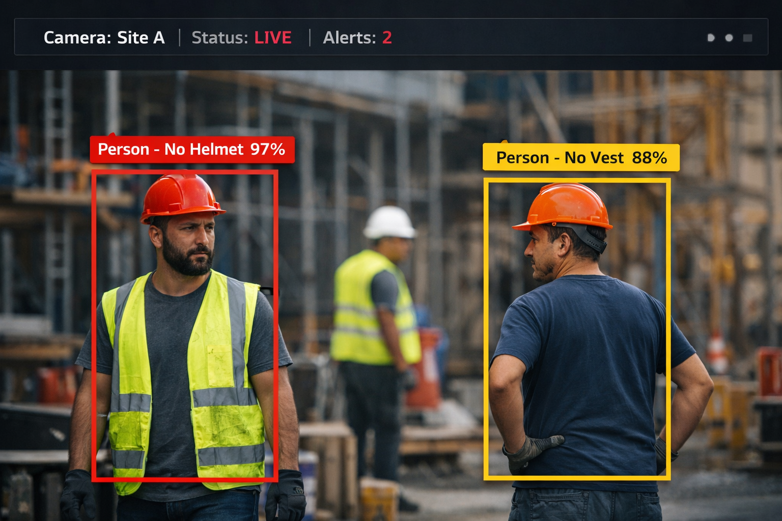 Construction site detection view highlighting workers without required safety equipment